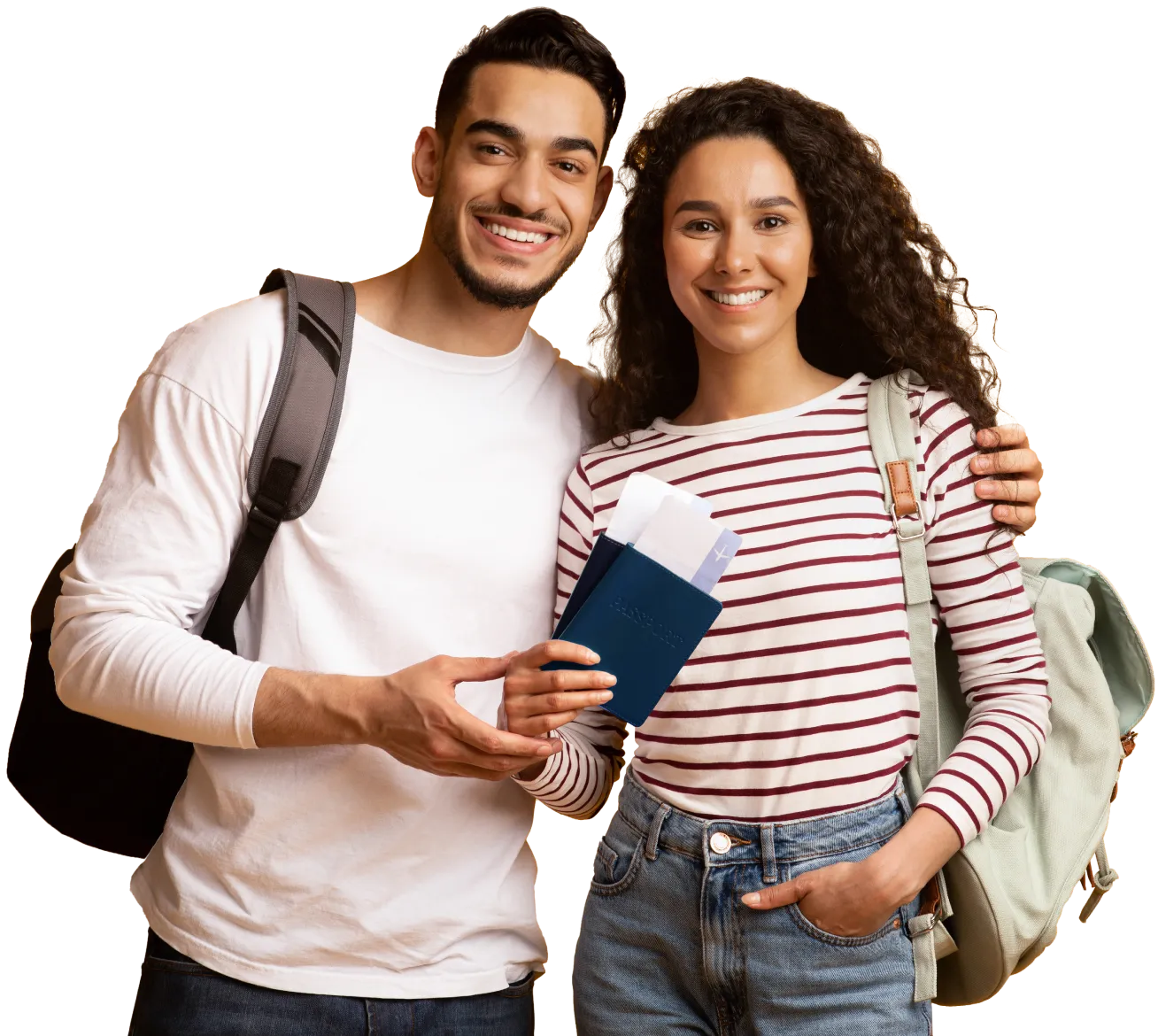 Couple with backpacks holding passport