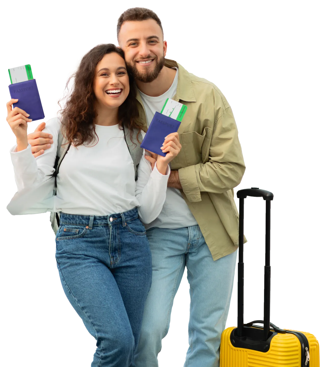 Couple with yellow luggage holding passports