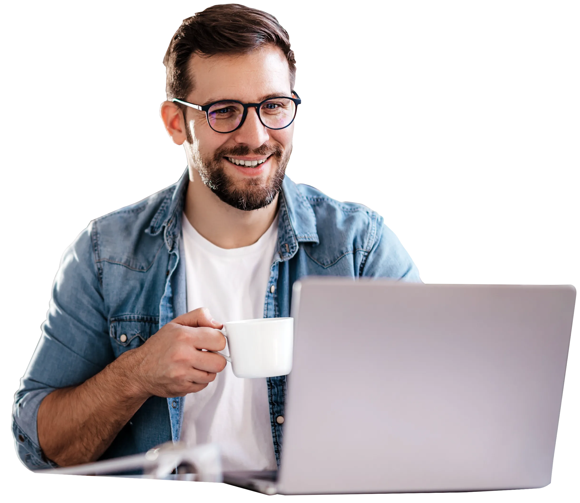 Man drinking coffee using laptop