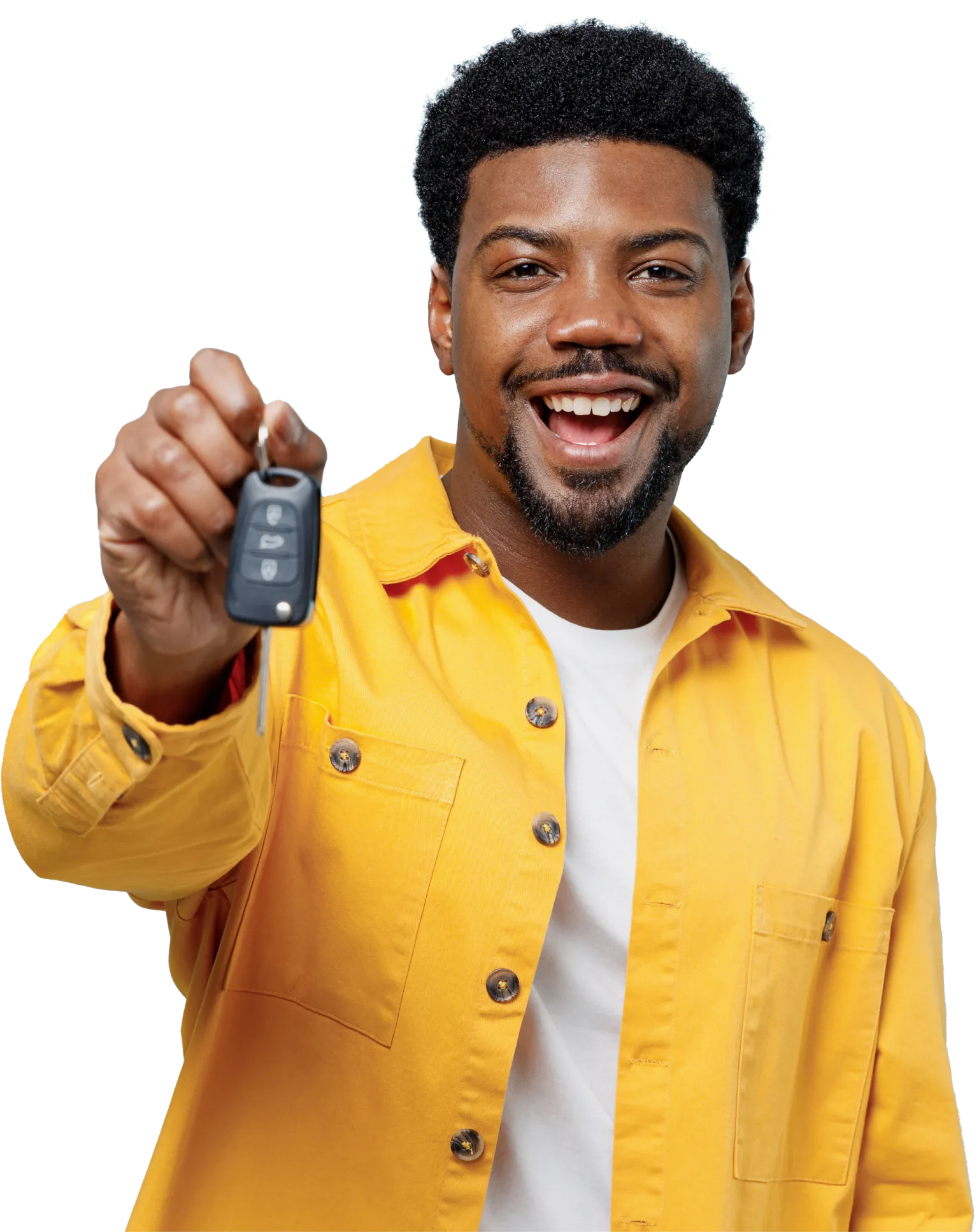 Man smiling and holding up keys