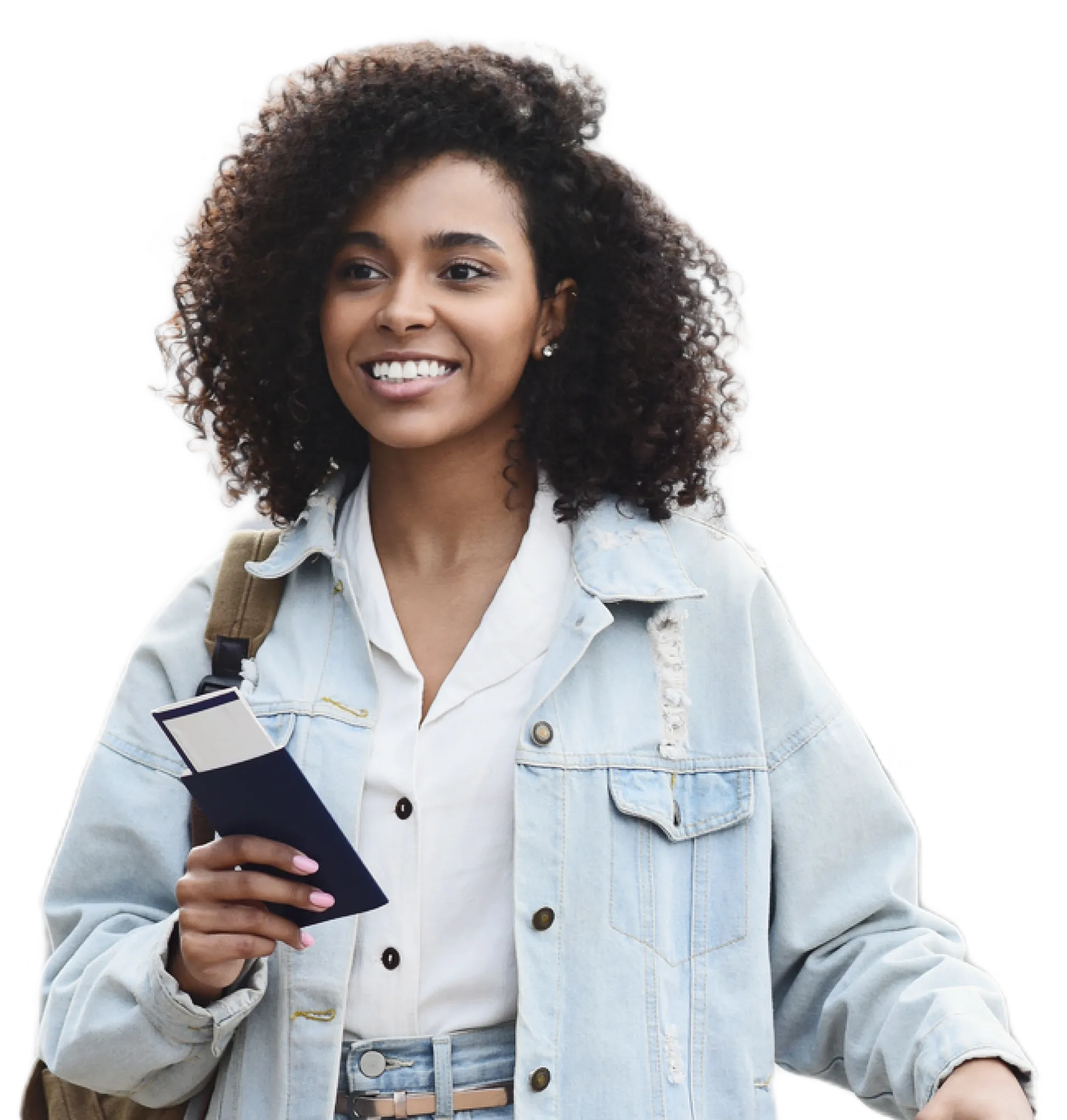 Smiling young lady holding passport and tickets wearing a jean jacket