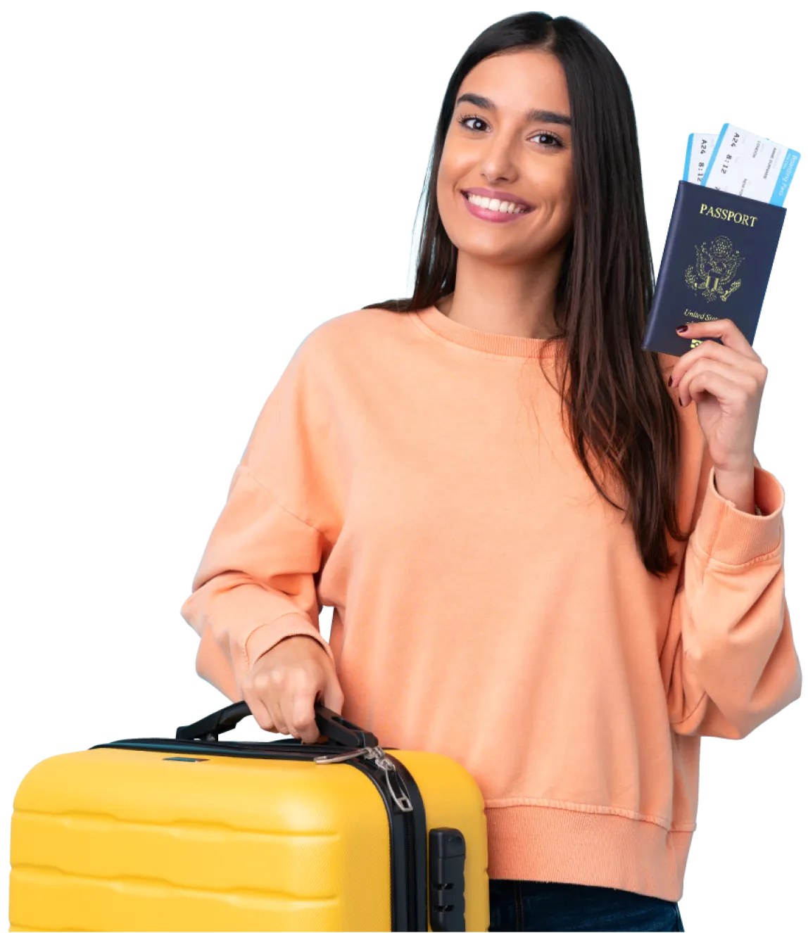 Woman holding passport with yellow suitcase