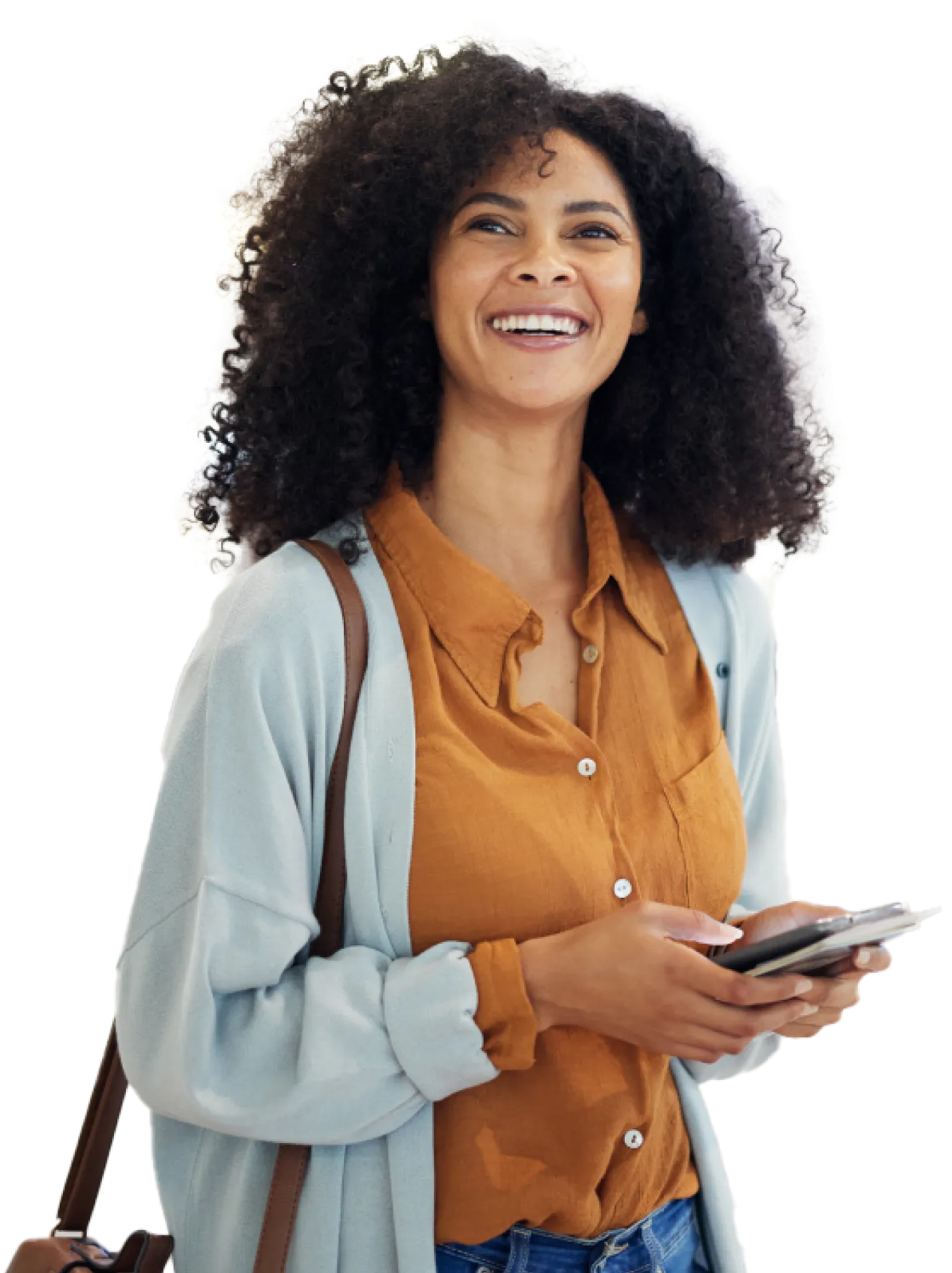 Woman smiling with phone in hand