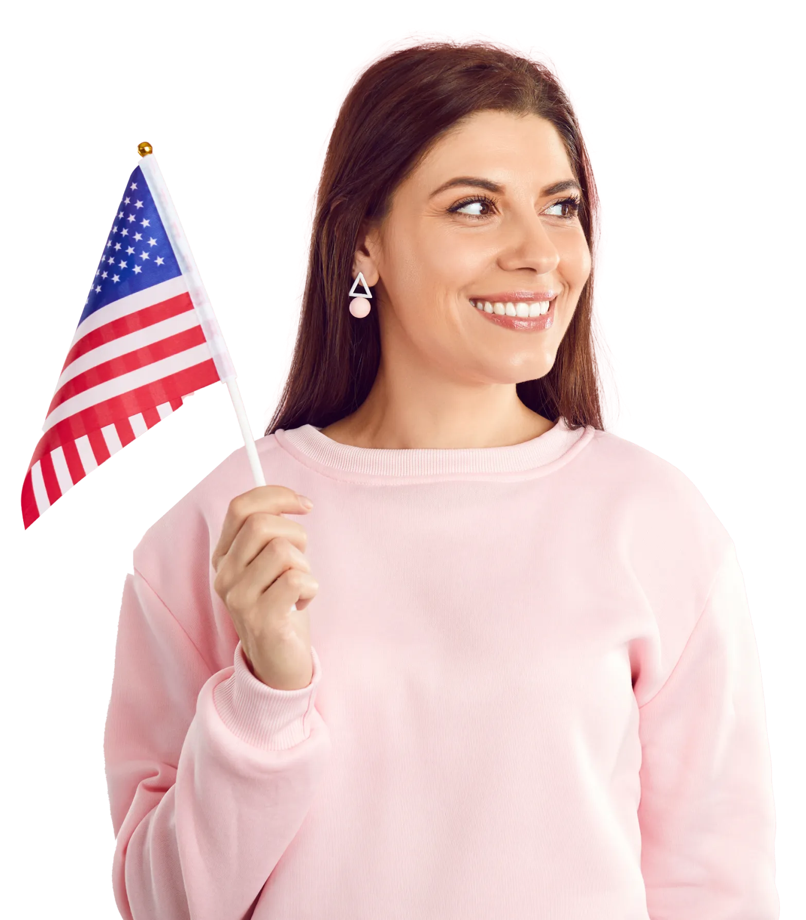 Smiling young woman waving an American flag