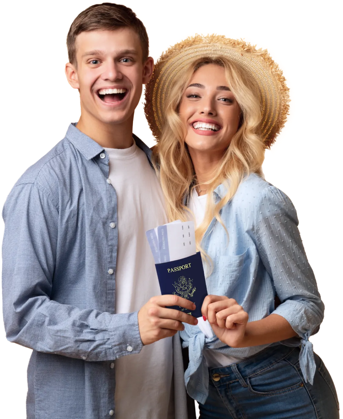 Young couple smiling and holding passport
